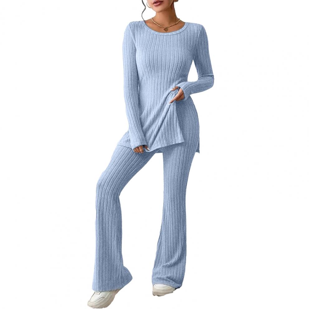 2023 Fall Winter Knitted 2 Piece Suits Women Long Sleeve Ribbed Slit Long Top and High Waist Pencil Pants Set Fashion Outfit