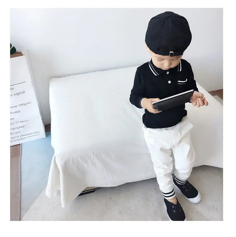 Boys Clothing Lapel Cotton Long Sleeve Spring New Korean Version Versatile Spliced Pocket Solid Color Kids Fashion Polo Shirt