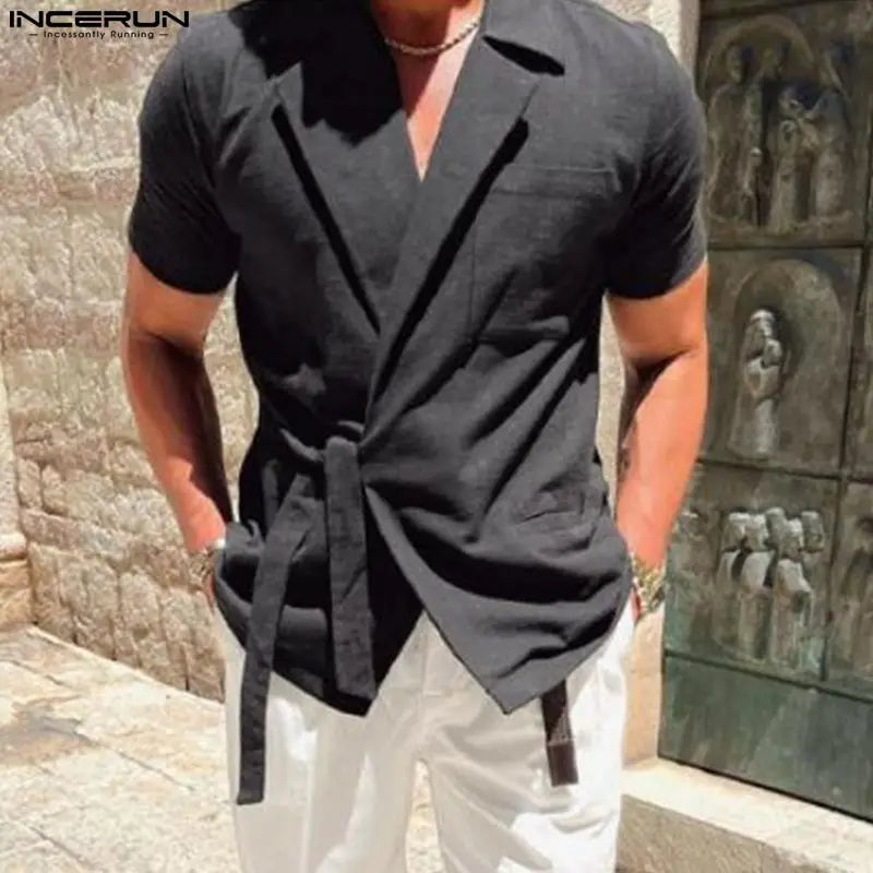 INCERUN Men Shirt Lapel Short Sleeve Lace Up Cotton Summer Casual Men Clothing Streetwear Solid Color 2023 Leisure Camisas S-5XL