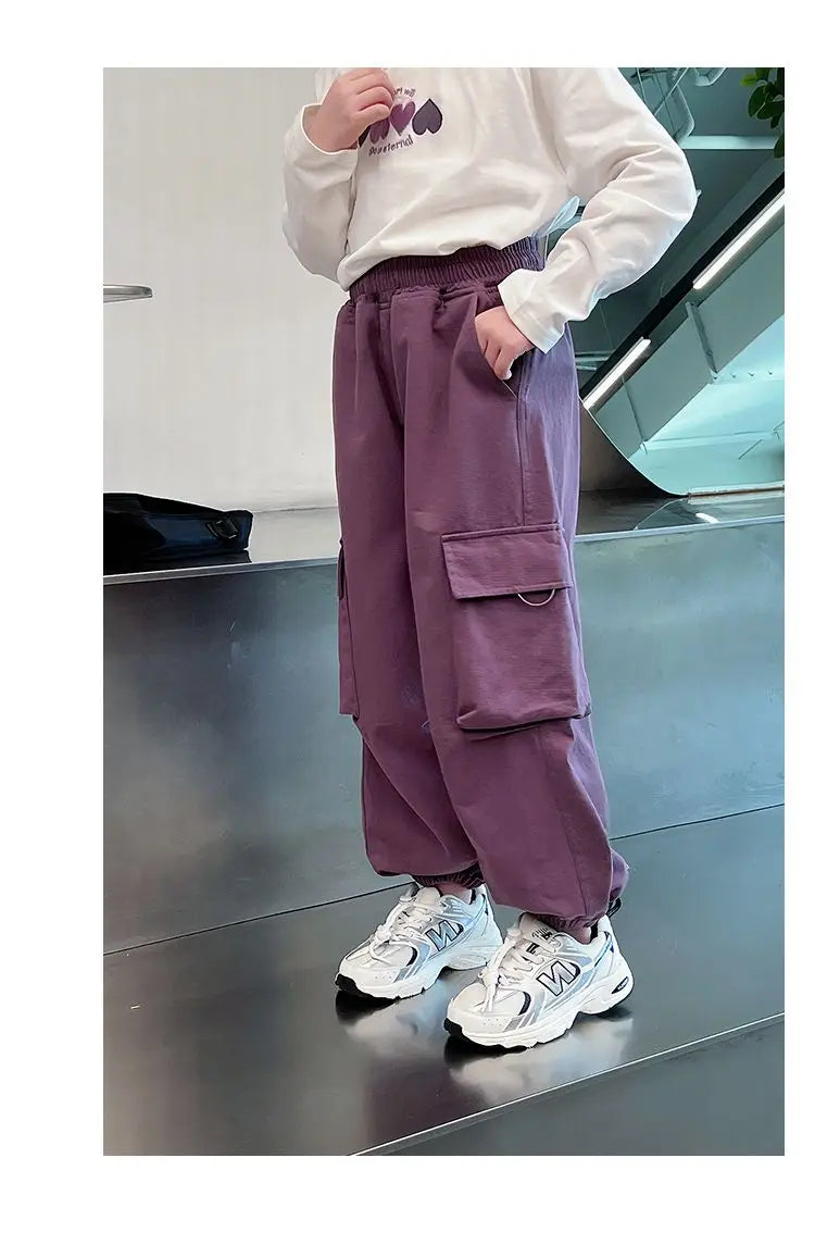 Girls Purple Casual Pants Big Children's Clothing Korean Black Cargo Long Pants Girls 2024 Spring Fashion New Cotton Trousers