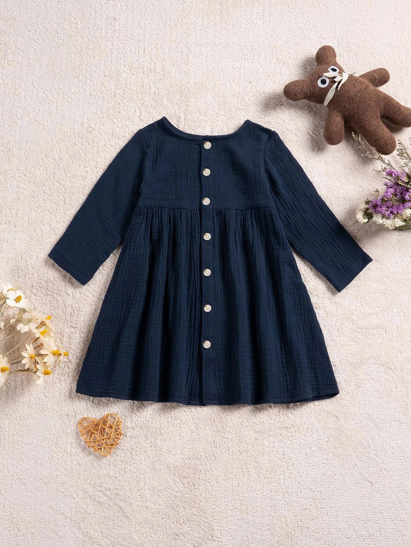 Autumn Cotton Dresses Baby Girl Long-sleeved Casual Dress Solid Color Fashion Simple Girl Sweet Children's Clothing