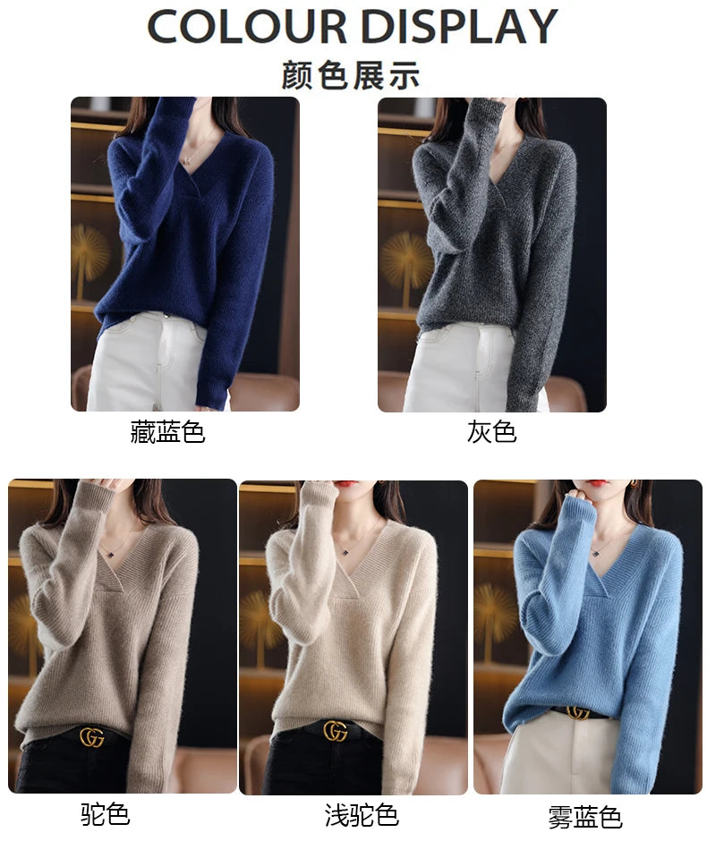 V-Neck Autumn Winter Sweater pullovers Women 2024 loose thick cashmere Sweater Pullover women oversize sweater jumper