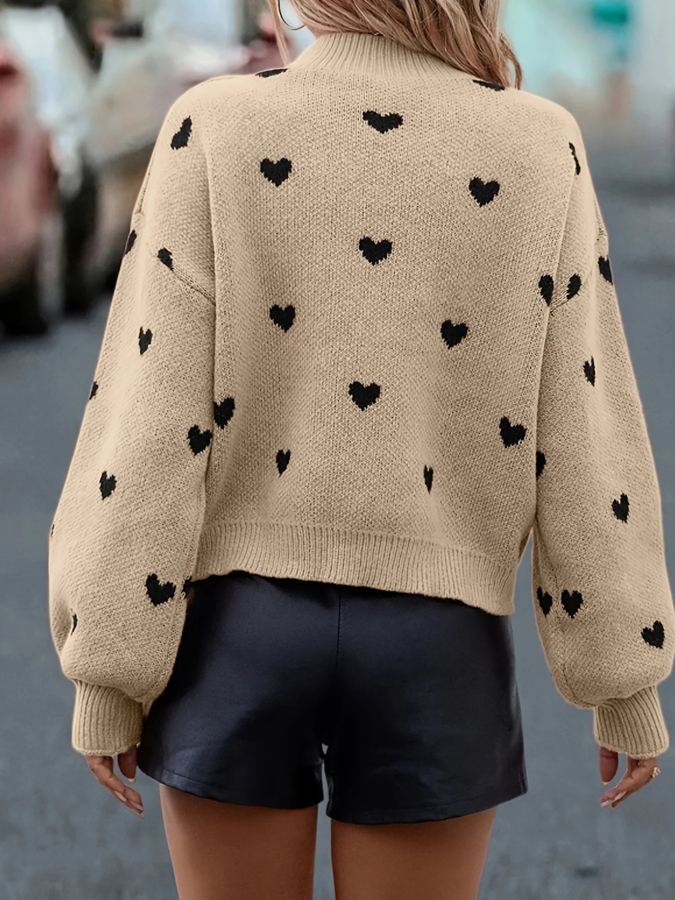 Cute Black Heart Graphic Sweater, Drop Shoulder Long Sleeve Casual Sweater For Fall & Winter, Women's Clothing