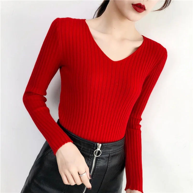 Autumn Winter Knitted V Neck Women Sweaters Casual Long Sleeve Pullover Soft Warm Sweater Femme Fashion Basic Solid Jersey Tops