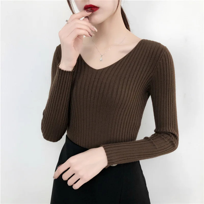 Autumn Winter Knitted V Neck Women Sweaters Casual Long Sleeve Pullover Soft Warm Sweater Femme Fashion Basic Solid Jersey Tops