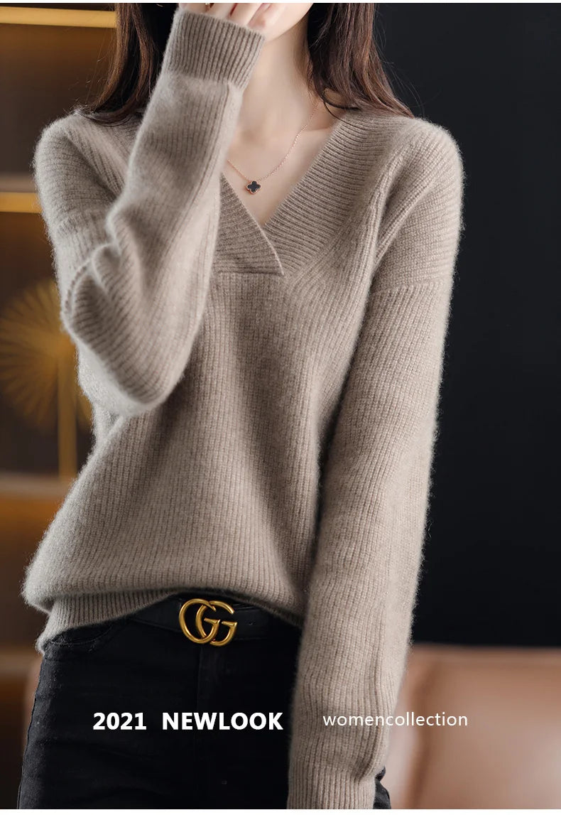 V-Neck Autumn Winter Sweater pullovers Women 2024 loose thick cashmere Sweater Pullover women oversize sweater jumper