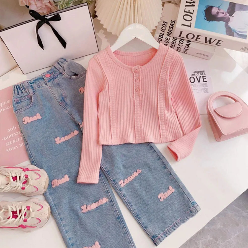 2024 Spring Autumn Girls Clothing Set Solid Color Long Sleeve Top+Letter Print Wide Leg Jeans 2Pcs For 4-12Y Kids Fashion Outfit