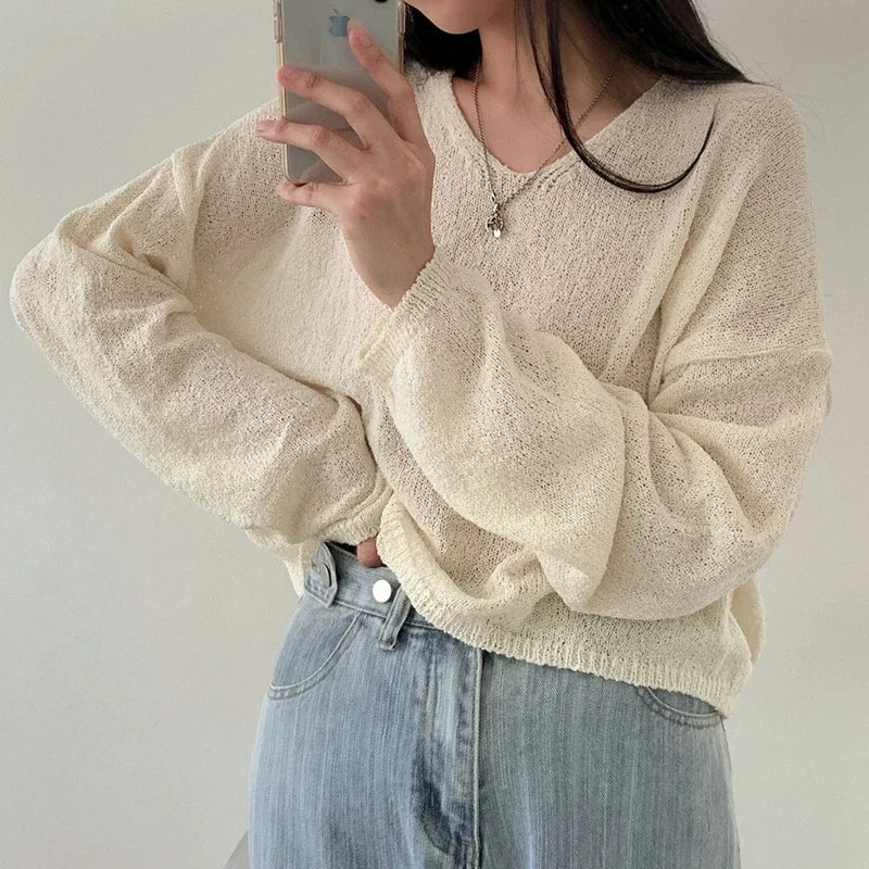 ITOOLIN Women V-Neck Loose Knitted Sweaters Long Sleeve Solid Casual Pullovers Sweater Women Streetwear Spring Autumn 2024