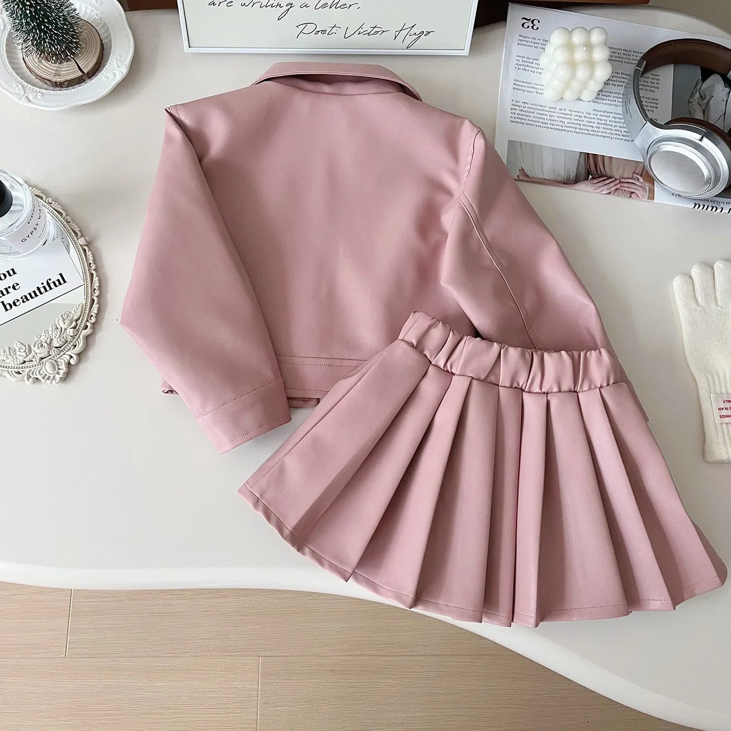 Two-piece Set for Girls Handsome Lapel Solid Leather Top + Solid Leather Pleated Skirt  Kids Clothes Girls  Toddler Girl Clothes