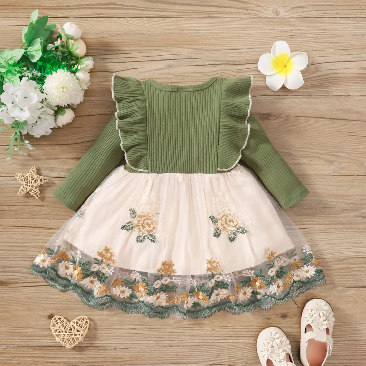 Baby girl spring and autumn style ruffle edge long sleeved patchwork flower mesh dress