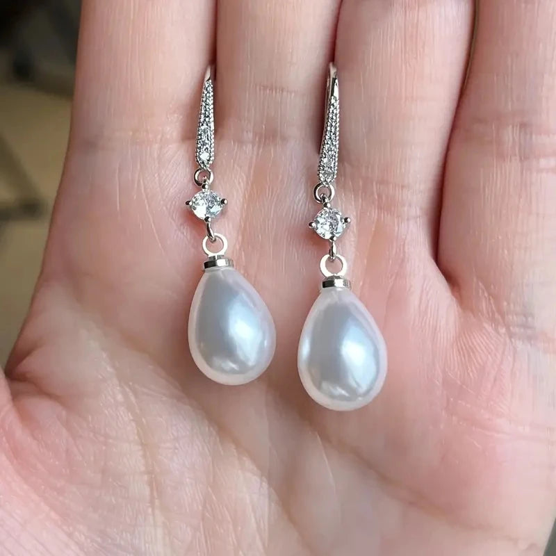 Fashion Water Drop Pearl Zircon Dangle Earrings for Women Bridesmaid Wedding Jewelry