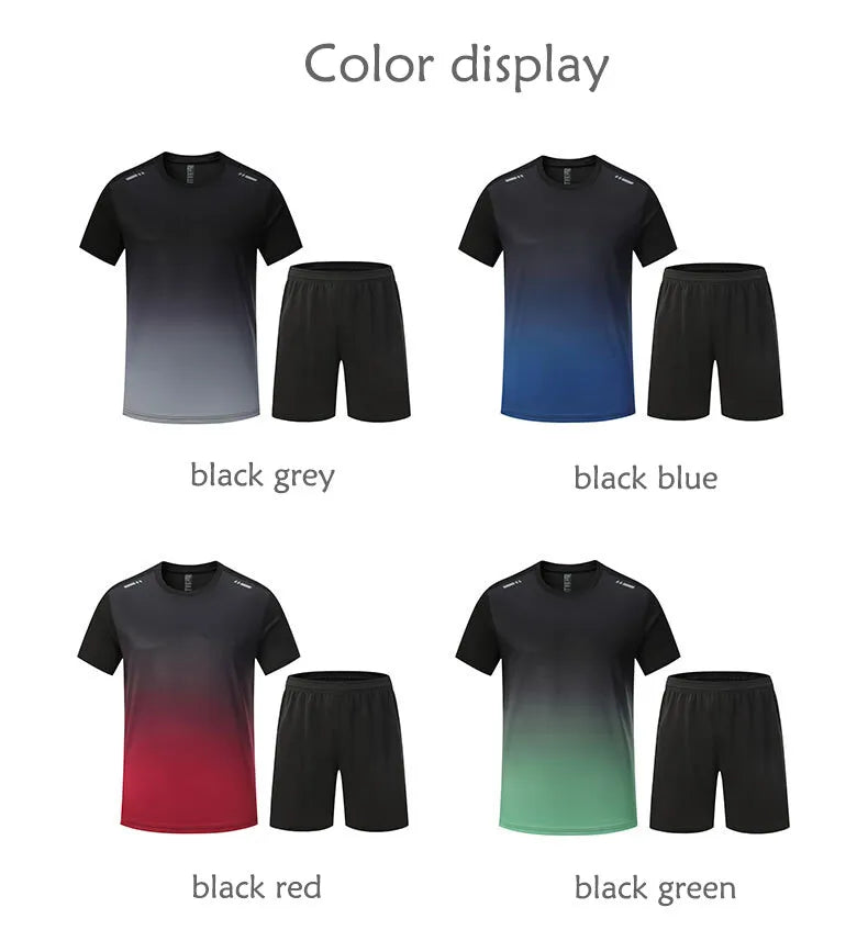 Adult Gradient Color Quick Dry Two-piece Fitness Sport Suit Set Breathable Loose Running Gym Workout Shorts T-Shirt MM717