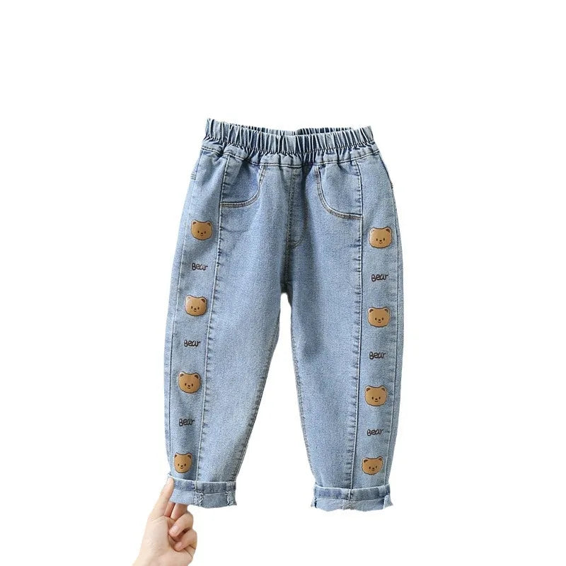 Kids Girl Jeans Floral Cartoon Long Pants Spring Autumn Graffiti Painting Print Casual Trousers with Hole Children Denim Pants