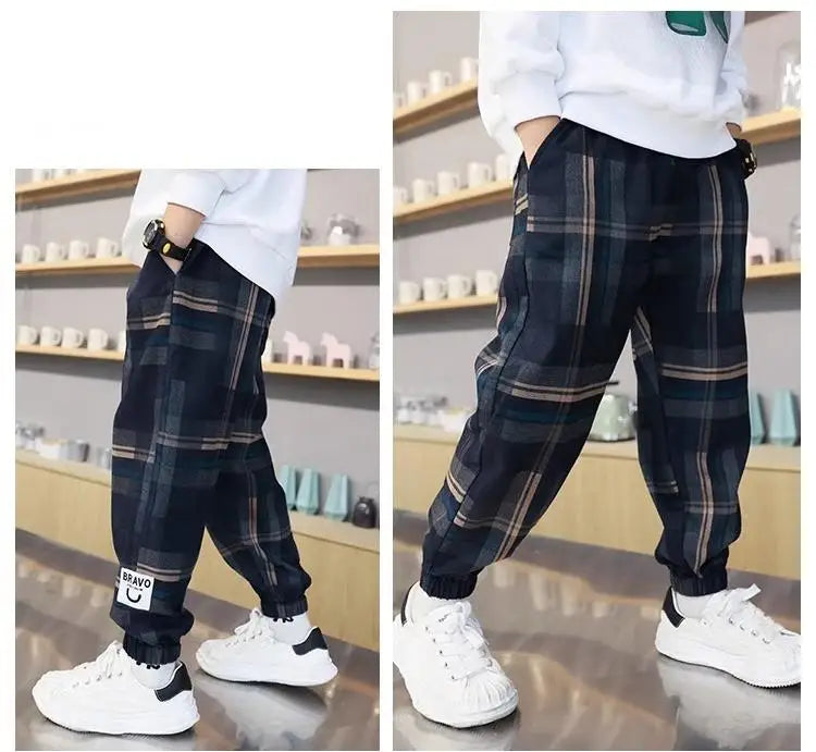 2024 Fashion Boys Cotton Plaid Pants Spring Autumn Toddler Casual Kids Loose Trousers Sweatpants for Teenage Children Clothes