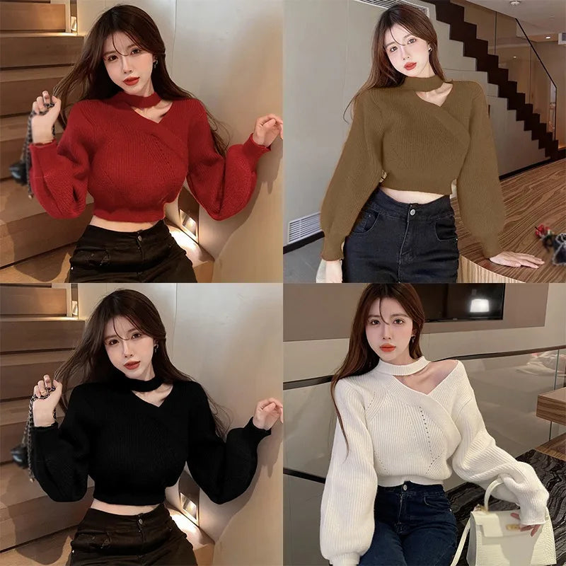 Women Christmas Sweater Autumn Winter Long Sleeved Sweater  Warm V-neck Off Shoulder