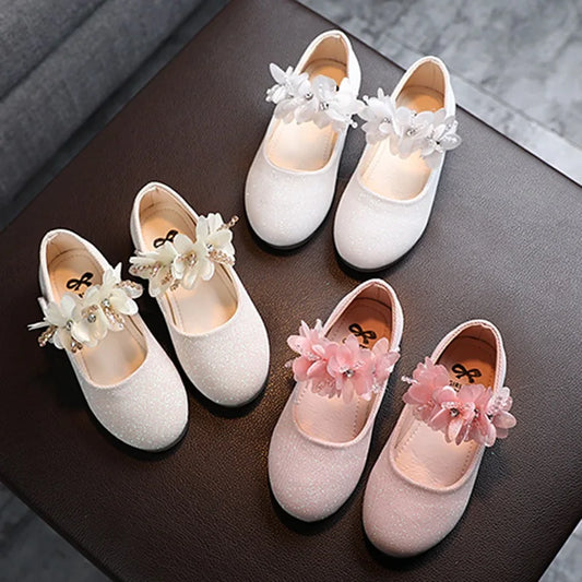 Child Beaded Little Flowers Leather Shoes Girls Princess Shoes Middle And Small Crystal Soft Bottom Dancing Shoes