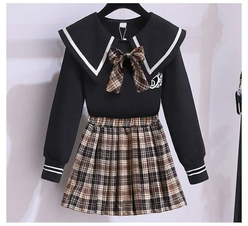 Winter Teenage Girl Clothes Sailor Collar Knitted Sweater and Plaid Pleats Skirts Set Children Top and Bottom 2 Pieces Outfits