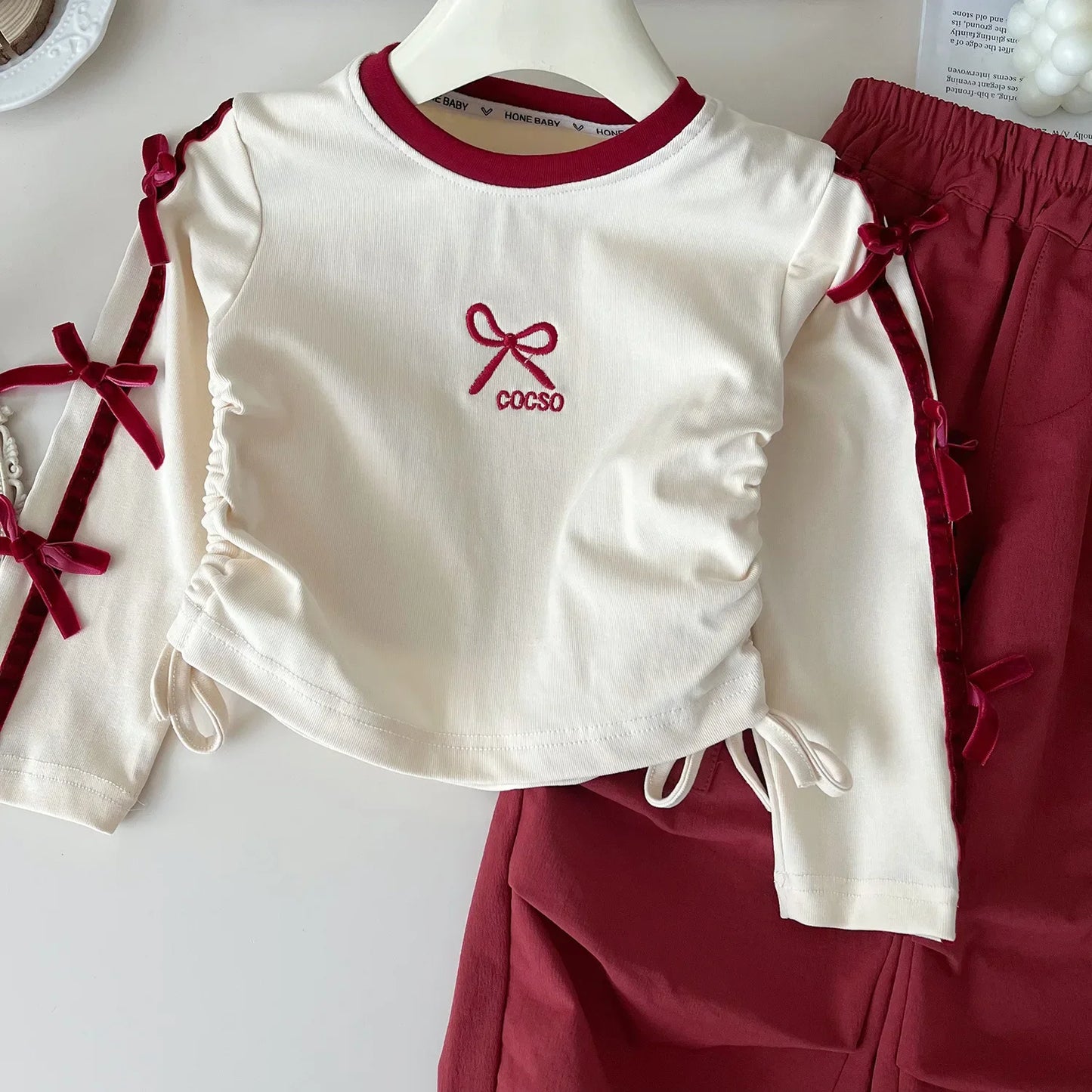 Autumn Girls Two-piece Set Printed Bow Waist Top+Solid Color Cargo Pants Toddler Girl Clothes  Kids  Kids Clothes Girls