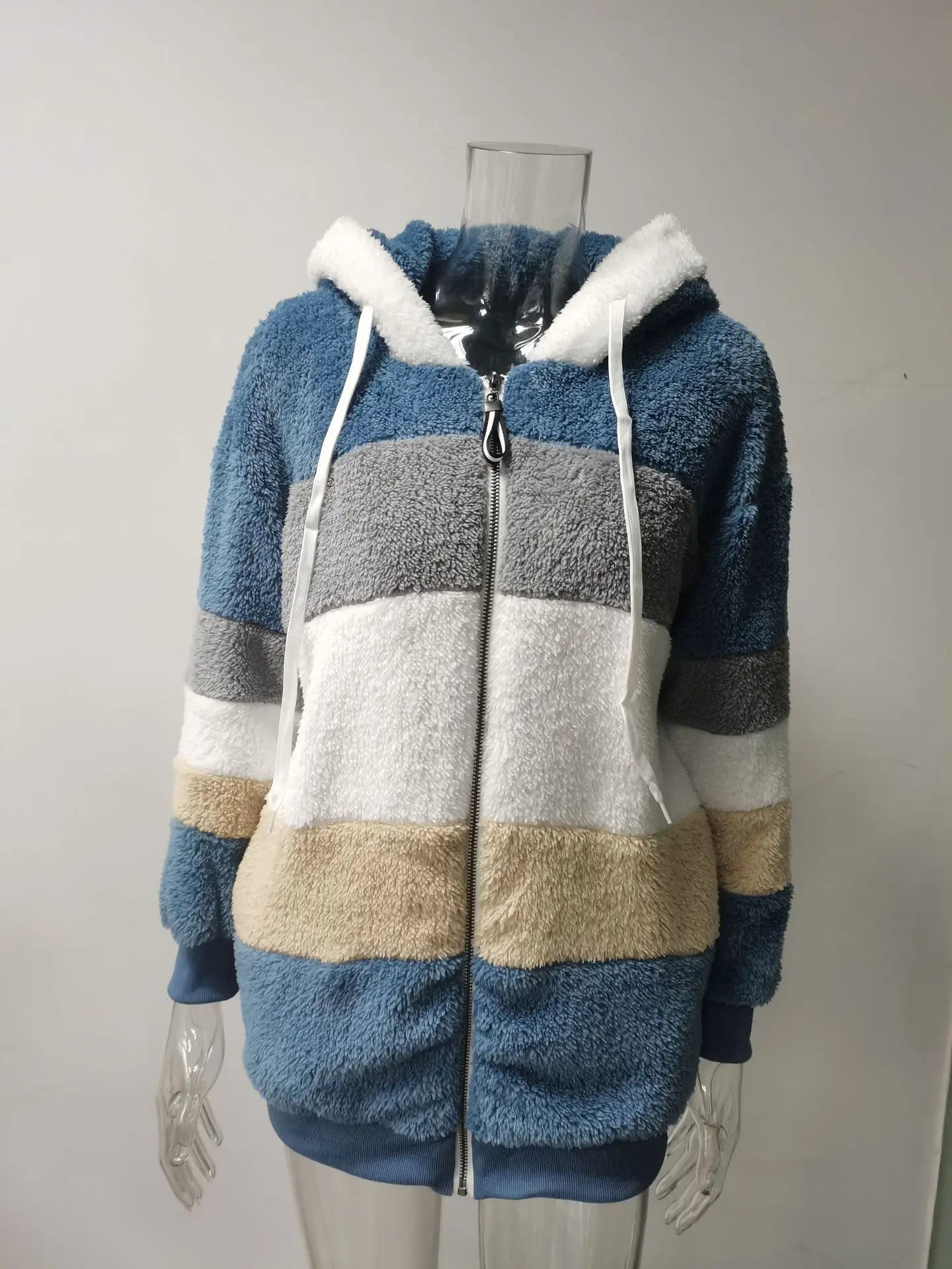 Women Striped Patchwork Fleece Hoodie Coat Autumn Winter Long Lantern Sleeve Loose Cardigan Hoodie Sweatshirt Coats