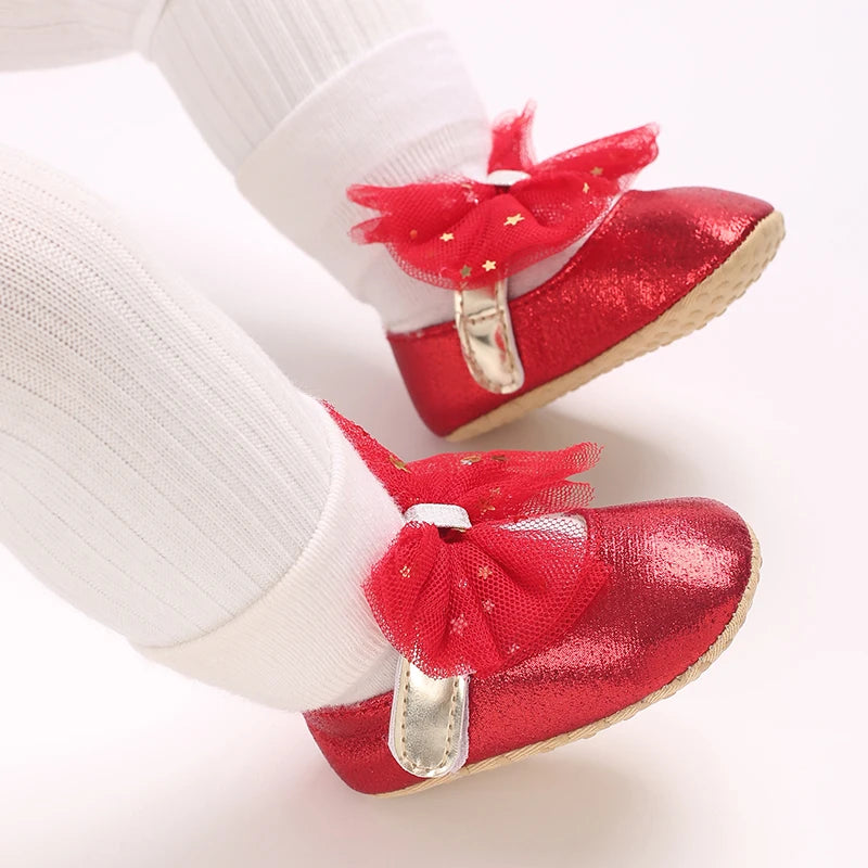 Spring and Autumn Girl Baby Shoes Classic Fashion Red Theme Cute Bow Princess Shoes Rubber Sole Anti slip Comfortable Walking Sh