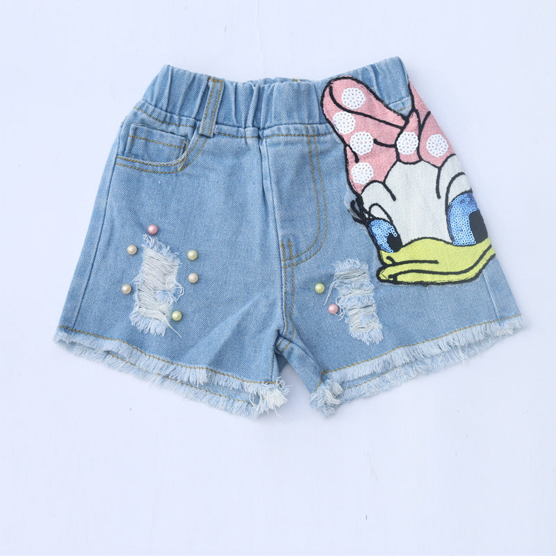 Summer Girls Fashion Sets Sequins Embroidery Broken Hole Pearl Denim Shorts Sleeve Donald Duck Little Kids Clothes Outfits