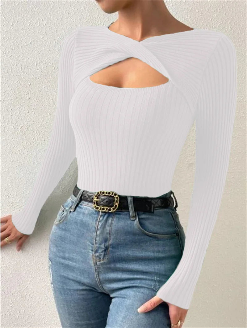 Casual Long Sleeve Hollow Out Irregular Round Neck T Shirts Basic Tee Sweater Top Lightweight Sweaters for Women Autumn