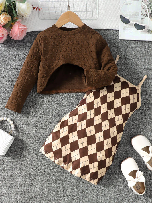 1-8 Years Dress Kid Girls 2PCS Clothes Set Brown Long Sleeved Top+ Lattice Sling Dress Fashion BirthdayParty Photograph Outfit