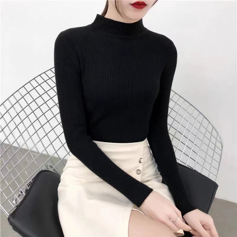 Autumn High Collar Long Sleeve Skinny Elastic Casual Tops Bottoming Sweater Women Basics Knitted Shirts Warm Knitwear Pullovers