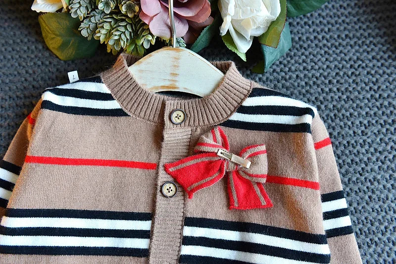 Baby Girl Clothes Set Autumn Winter New Fashion Striped Sweater Suit Cute Bow Knitted Two-piece 2-6 Years Kids Clothing