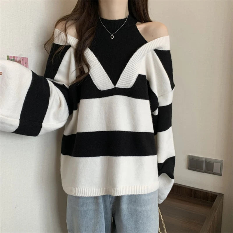 Y2K Stripe Halter Women Sweaters Korean Knitted Loose Patchwork Female Pullovers Autumn Preppy Style All Match Chic Ladies Tops