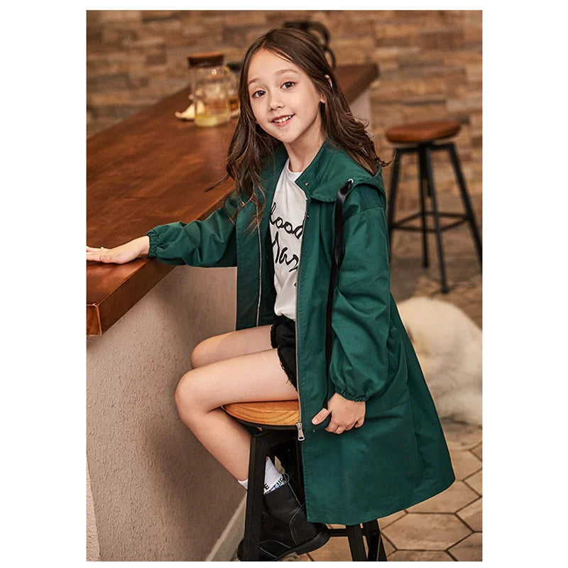 Baby Girl Windbreaker Outerwear Kids Spring Autumn Clothes Long Trench Coat Children Hooded Fashion  Jacket Teens Outer Clothing