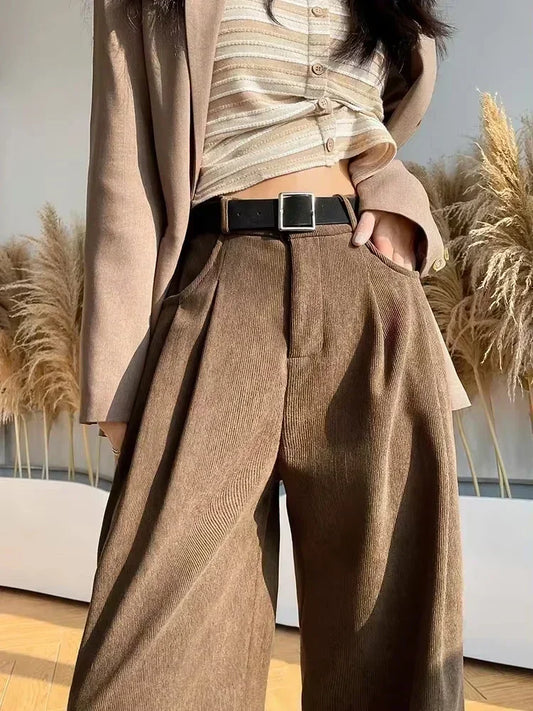 Elegant Wide Leg Pants for Women 2024 Autumn New Maillard Full Length Trousers Winter Women's Baggy Pants with Velvet Sweatpants