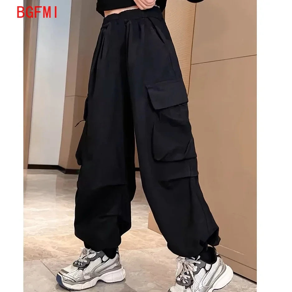 Girls Purple Casual Pants Big Children's Clothing Korean Black Cargo Long Pants Girls 2024 Spring Fashion New Cotton Trousers