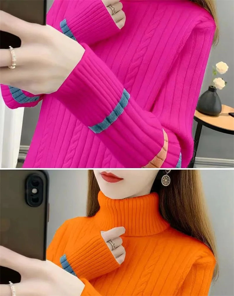 2023 Autumn Winter Women Turtleneck Sweater Soft Pullovers Loose Warm Elasticity Long Sleeved Knitted Sweater Jumper Female Tops