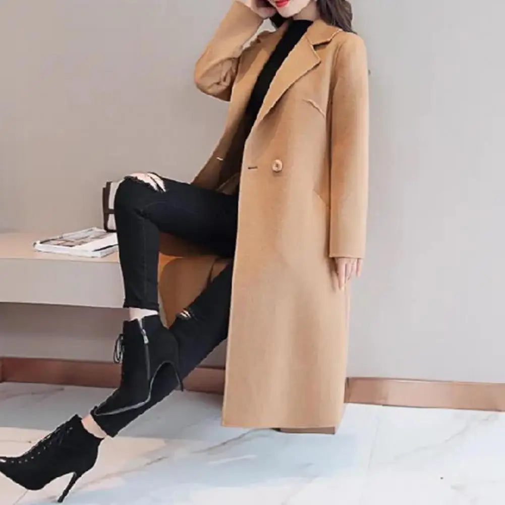 Women Woolen Coat Elegant Lapel Woolen Coat with Two Buttons Pockets for Women Stylish Mid-length Cardigan Outwear for Autumn