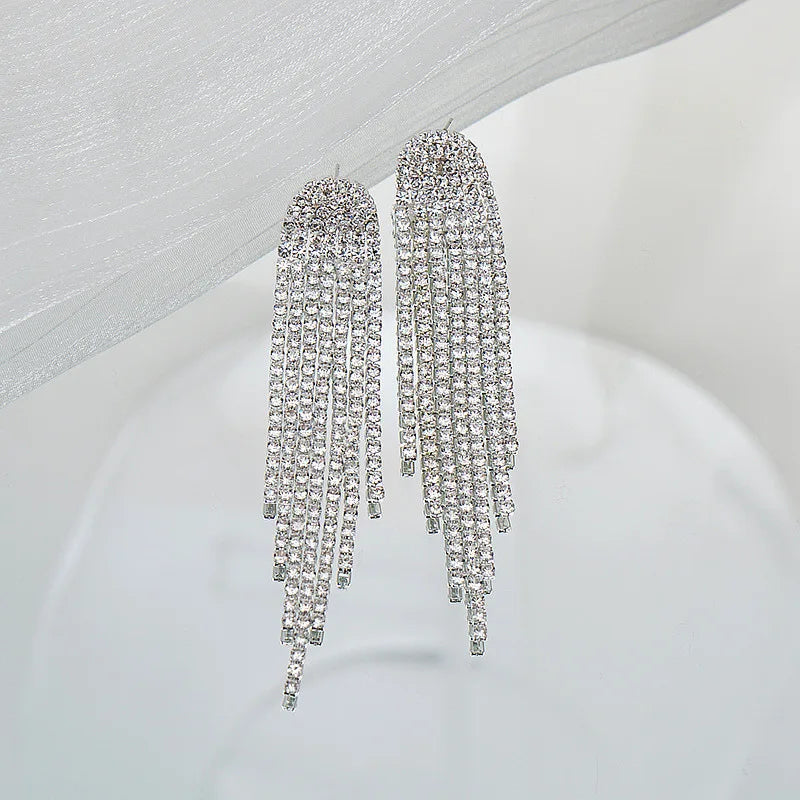 FYUAN Fashion Long Tassel Drop Earrings for Women Black Gold Silver Color Rhinestone Dangle Earring Wedding Party Jewelry