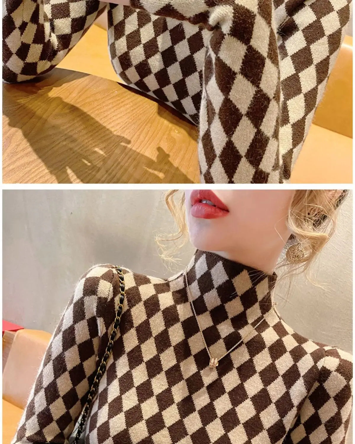 Women Clothing Fashion Elegant Mock Neck Long Sleeve Pullovers Spring Autumn Chic Slim Plaid All-match Tops Office Lady Sweaters