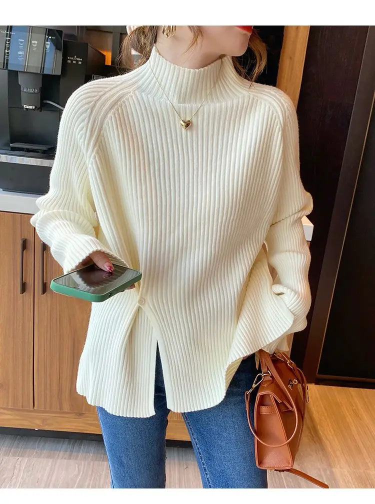 2024 Women Sweater Pullovers Turtlneck Casual Autumn Winter Split Fork Button Chic Sweater Female Slim Knit Top Soft Jumper Tops