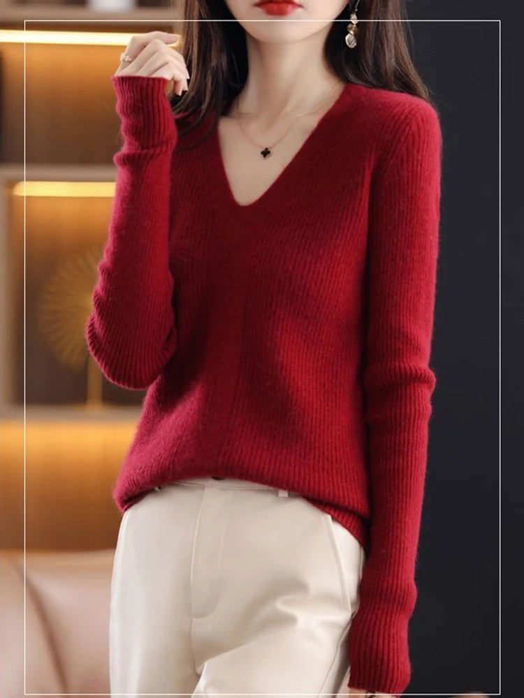 Women Wool V-neck Sweater Bottoming Jumpers Solid Autumn Winter Soft Warm Woman Sweater Knitted Basic Slim Pullovers Tops