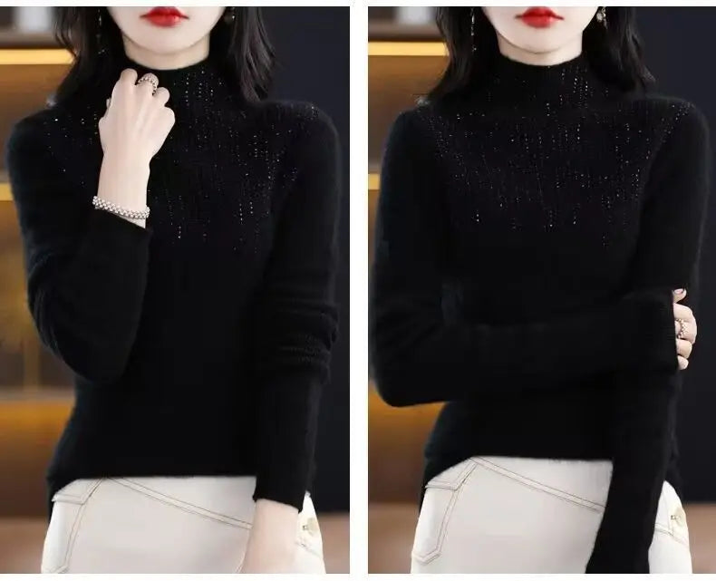 Hot Diamond Half High Neck Sweater Women's Pullover Autumn and Winter New Fit Versatile Warm Knitted Sweater Women