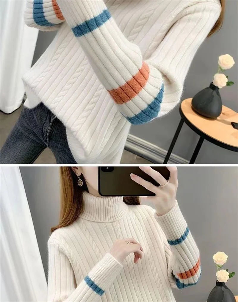 2023 Autumn Winter Women Turtleneck Sweater Soft Pullovers Loose Warm Elasticity Long Sleeved Knitted Sweater Jumper Female Tops