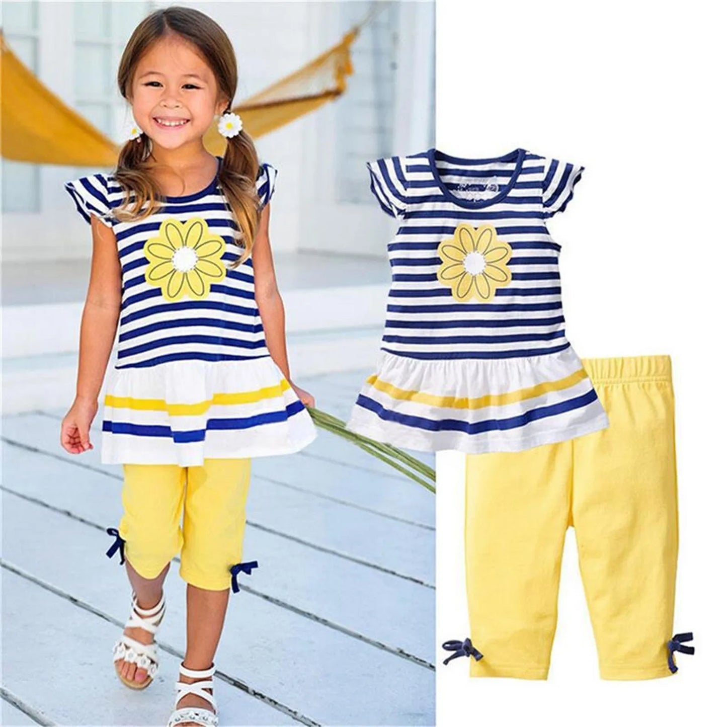 2Pcs Clothes Set 1-8Y Toddler Kids Girls Summer Clothing Sunflower Daisy Striped T Shirt Tops+Pants Leggings Infant Outfits Sets