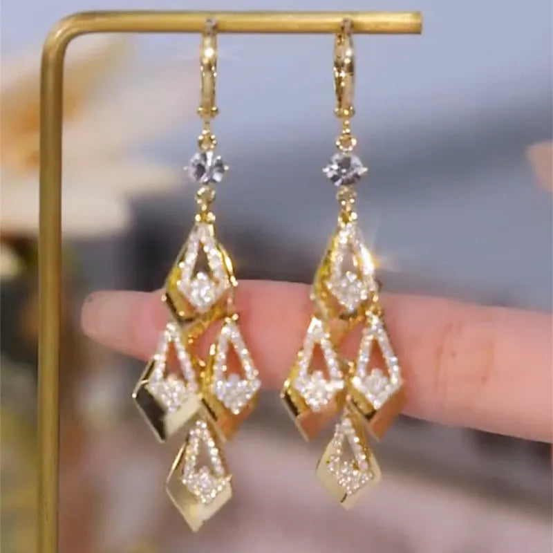 Super Sparkling Rhombus Zircon Golden Tassel Earrings For Women Fashion Personalized Daily Accessory Party Jewelry Birthday Gift