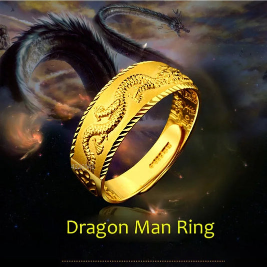 24k Gold Ring for Man Luxury Engraving Dragon Adjustable Ring Fashion Jewelry Male Two Color Yellow/White Gold Finger Ring Gift