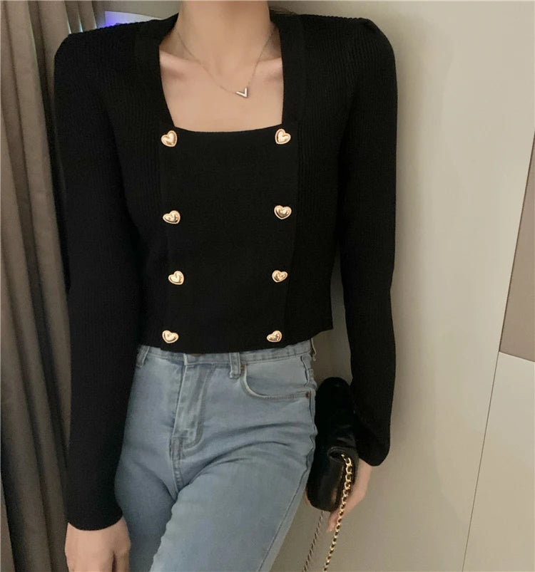 Short Square Collar Crop Top Knitted Sweater Women Korean Clothes Love Button Long Sleeve Sweaters 2022 Autumn Winter Pullover