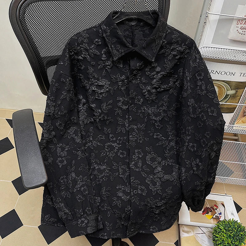 Shirts Men Floral Japanese Style Fashion Loose Pleated Long Sleeve Vibe All-match High Street Youthful Cool Designed Vintage