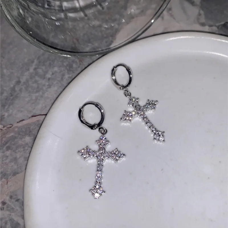 Korean Fashion Zircon Crystal Cross Women Drop Earrings for Gothic Punk Hip Hop Female Piercing Drop Earrings Party Jewelry Gift