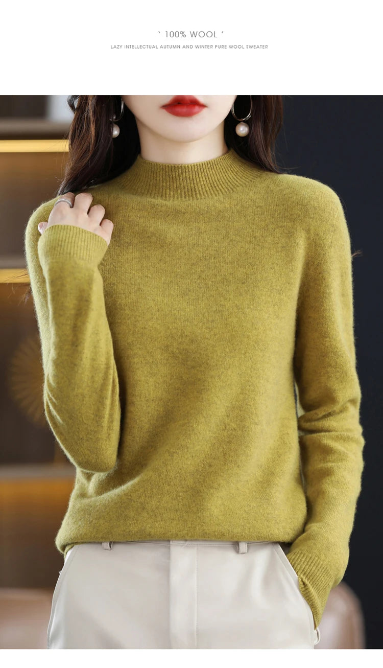 100% merino wool cashmere sweater women's sweater semi-high-necked long-sleeved pullover warm pullover in autumn and winter