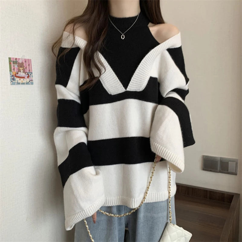 Y2K Stripe Halter Women Sweaters Korean Knitted Loose Patchwork Female Pullovers Autumn Preppy Style All Match Chic Ladies Tops