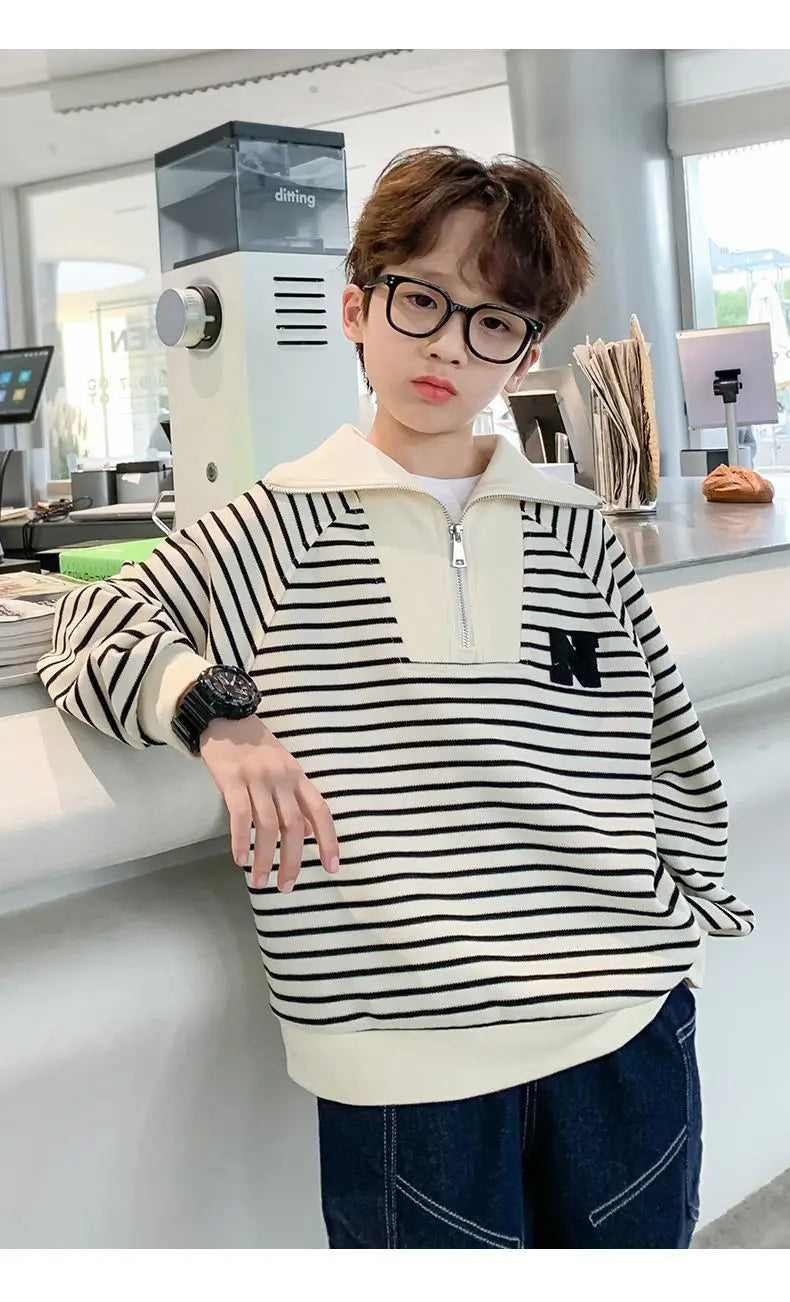 Spring Autumn School Kids Cotton Striped Half Zip Lapel Sweatshirt Boys Pullover Jumper Children Outfits Tracksuit Tops 3-14 Yrs